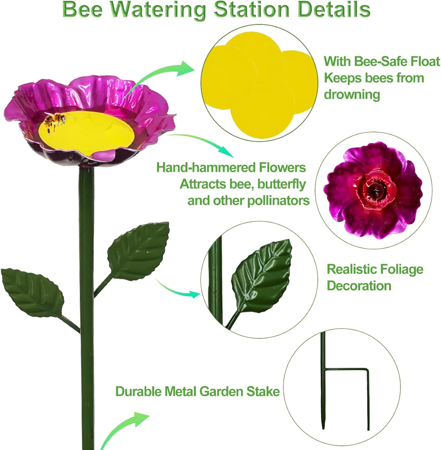 4 Pack Bee Watering Station, Metal Flower Stakes with Float, Pollinator Watering Station for Bees & Butterflies Feeder Outdoor Garden Decor
