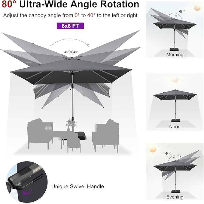 PURPLE LEAF 8' X 8' Left-right Tilting Patio Umbrella Outdoor Swivel Cantilever Umbrella Aluminum Offset Umbrella with Champagne Frame and 360-degree Rotation for Garden Deck Pool, Grey