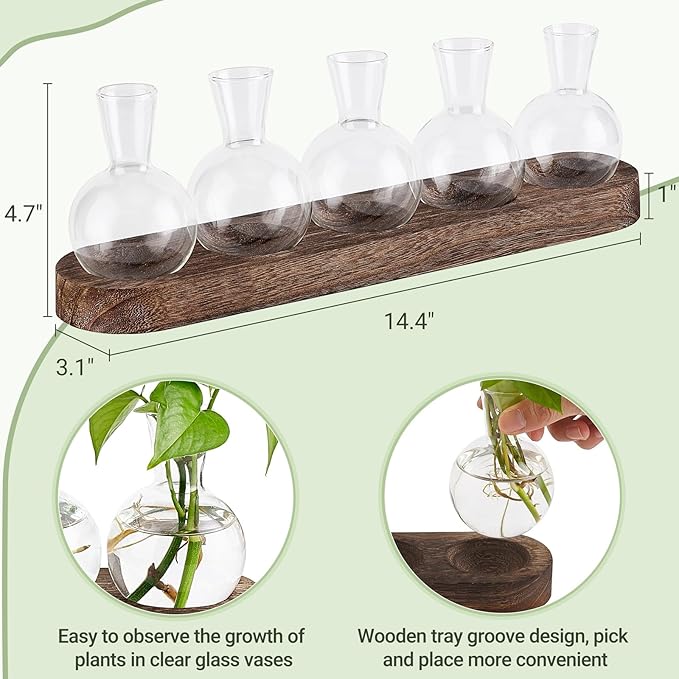 Mkono Desktop Plant Propagation Glass Station Retro Terrarium with Wooden Tray Bulb Vase for Hydroponic Home Indoor Decor Brown, Plant Lover Gift