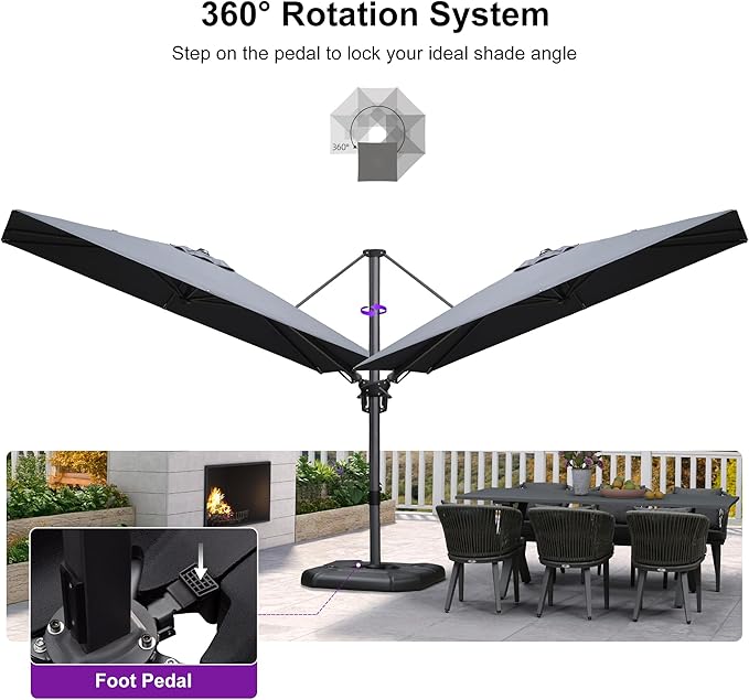 PURPLE LEAF 6.5' X 10' Left-right Tilt Patio Umbrella Outdoor Cantilever Swivel Rectangle Umbrella Aluminum Offset Umbrella with 360-degree Rotation for Garden Deck Pool Patio Grey