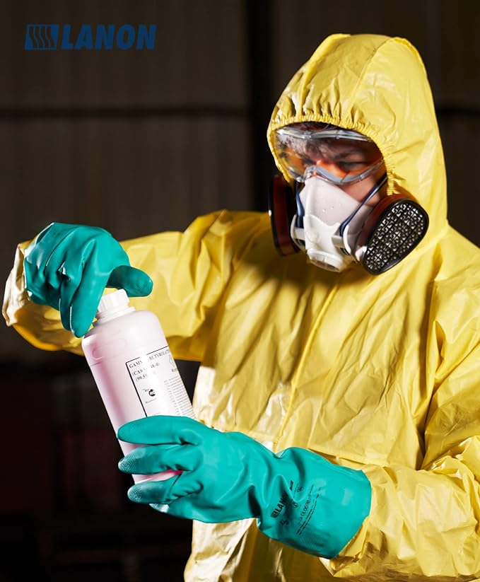 LANON 3 Pairs Nitrile Chemical Resistant Gloves, Reusable Heavy-Duty Rubber Gloves, Acid, Alkali & Oil Protection, Non-Slip, Large