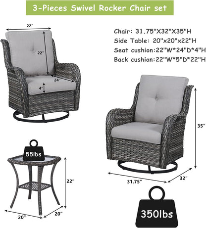 Outdoor Patio Swivel Rocker Chairs - 3 Piece Patio Bistro Set,Wicker Patio Furniture Set with 2 Swivel Rocking Chairs and 1 Glass Top Side Table for Deck Porch Garden,Mixed Grey/Grey