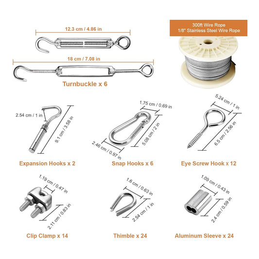 1/8" Vinyl Coated Wire Rope Kit with Work Gloves, 300FT Stainless Steel String Light Hanging Kit with Turnbuckle,7x7 Strand 920LB Strength Clothes Line Cable for Outdoor, Crafts, Garden