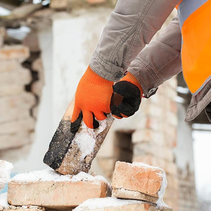 Kebada T3 Winter Work Gloves for Men and Women, Warm Knit Cold Weather Work Gloves, Thermal Insulated Freezer Gloves, 100% Latex Coating Non-slip Grip, Long Wrist Design, 1 Pair, Orange, Small