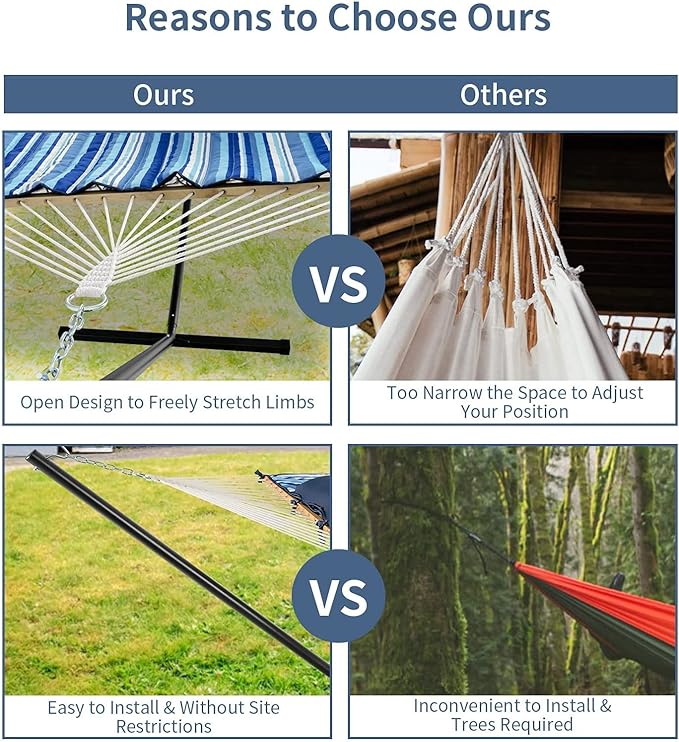 S AFSTAR 2 Person Hammock with Stand Included, Double Portable Hammocks with Cotton Mat, Pillow, Cup Holder, 450 LBS Load Capacity, Free Standing Hammock for Outside Patio Porch Backyard (Blue Stripe)