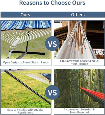 S AFSTAR 2 Person Hammock with Stand Included, Double Portable Hammocks with Cotton Mat, Pillow, Cup Holder, 450 LBS Load Capacity, Free Standing Hammock for Outside Patio Porch Backyard (Blue Stripe)