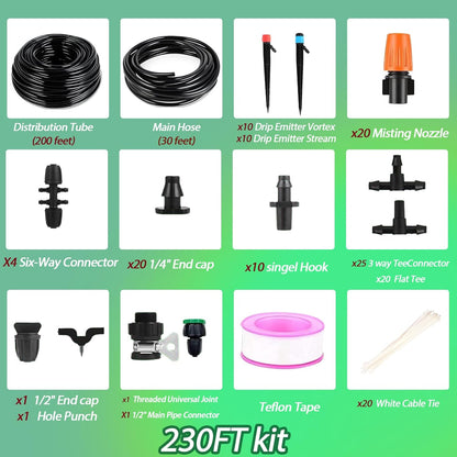 Drip Irrigation System - Irrigation System for Garden w/ 1/4" & 1/2" Fast-Lock Tubing - Adjustable Nozzles & Sprinklers Garden Watering System (230FT Kits)