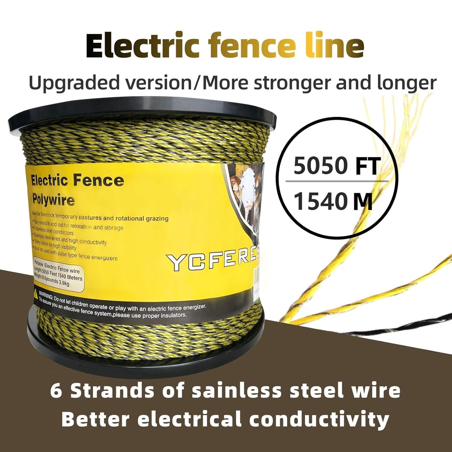 Upgraded Electric Fence Polywire 5050 Feet 1540 Meters, 6 Stainless Steel Strands for Reliable Conductivity and Rust Resistance, Portable Electric Fencing,UV, Rust Resistant