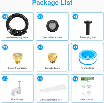 Bonviee Misters for Outside Patio - 75FT Misting Cooling System with 28 Brass Nozzles and 3/4" Adapter, 23M DIY Outdoor Misters Kit for Garden, Greenhouse, and Patio Cooling