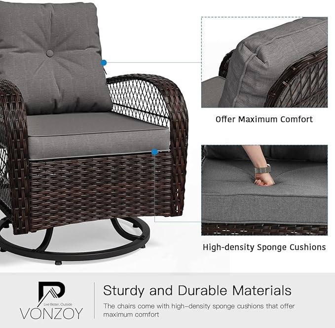 3 Pieces Patio Furniture Set, Outdoor Swivel Glider Rocker, Wicker Patio Bistro Set with Rocking Chair, Thickened Cushions and Table for Porch (Grey)