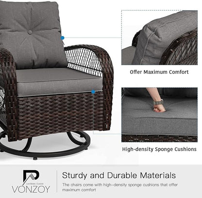 3 Pieces Patio Furniture Set, Outdoor Swivel Glider Rocker, Wicker Patio Bistro Set with Rocking Chair, Thickened Cushions and Table for Porch (Grey)