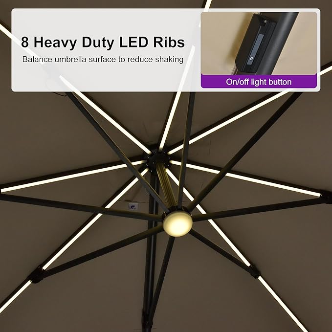 PURPLE LEAF 10 Feet Patio Umbrella Outdoor Cantilever Solar Powered LED Swivel Square Umbrella Aluminum Offset Umbrella with 360-degree Rotation for Garden Deck Pool Patio, Beige