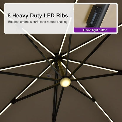 PURPLE LEAF 10 Feet Patio Umbrella Outdoor Cantilever Solar Powered LED Swivel Square Umbrella Aluminum Offset Umbrella with 360-degree Rotation for Garden Deck Pool Patio, Beige