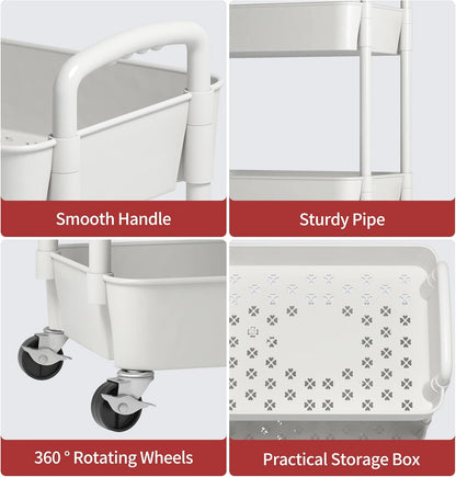 Sywhitta 4-Tier Plastic Rolling Utility Cart with Handle, Multi-Functional Storage Trolley for Office, Living Room, Kitchen, Movable Storage Organizer with Wheels, White