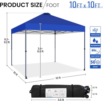 Yaheetech 10x10 Pop-up Canopy Tent w/ 2 Integrated Wheels for Mobility, Waterpoof & Heavy Duty, Instant Sun Shelter with Carry Bag, Weight Bags for Outdoor Camping Beach Patio Parties, Blue