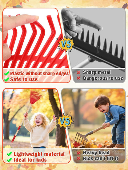 Acostop 2 Pcs Kids Rakes with Wood Handle - 34" Lightweight Plastic Garden Rake for Leaves, Safe to Use Kid Yard Tools for Boys Girls Fall Gardening Gifts (Red)