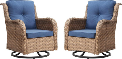 Outdoor Patio Swivel Rocker Chairs - Wicker Rattan Patio Swivel Rocking Chairs Set of 2 with High Back,Deep Seating and Comfort Cushions for Deck Porch Garden,Yellow/Blue