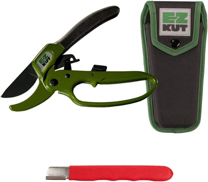 EZ Kut Original Ratcheting Pruner Kit with Molded Ballistic Nylon Sheath and Carbide Blade Tool, Green and Black