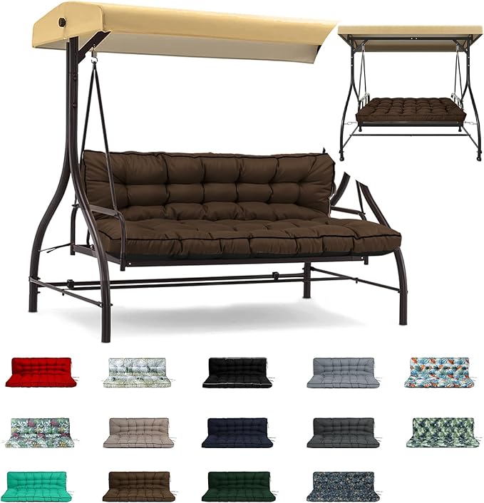 Swing Replacement Cushions with Backrest, 2 or 3 Seater Waterproof Non-Slip Overstuffed Swing Pad, Indoor/Outdoor Bench Cushion for Porch Chair Swing Garden Furniture (Brown, 40 * 63 in)