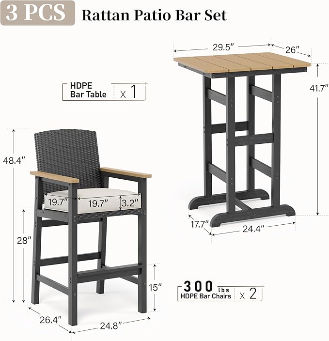Outdoor Bar Set 3 Piece, All Weather HDPE High Top Table and Wicker Bar Chairs with 3.2” Cushion, Bar Height Patio Set for Backyard Poolside, Black