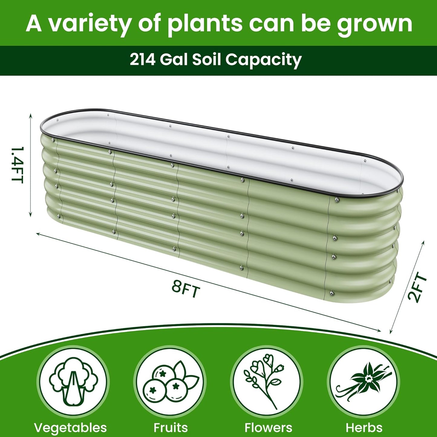 8 X 2 X 1.4 Ft Galvanized Raised Garden Bed,Sturdy and Easy to Assemble Oval Raised Planter Beds Outdoor for Vegetables, Gardening, Flowers, Fruits（Light Green）