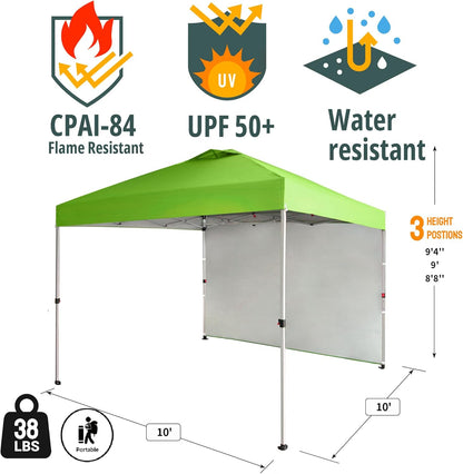 CROWN SHADES 10x10 Pop Up Canopy with 1 Side Wall - Beach Tent with One Push Setup - Outdoor Sun Shade for Events, Parties, Camping - Gazebo with STO-N-Go Cover Bag (Green)
