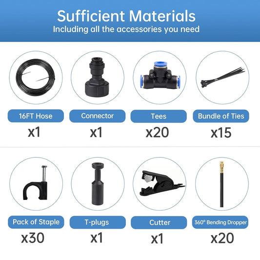 360° Automatic Drip Irrigation Kit - 5/16'' Tubing, Adjustable Universal Spray Nozzle, Copper Atomizing System for Garden/Lawn/Greenhouse - Multi-Directional Rotation, Quick Connectors, 65FT