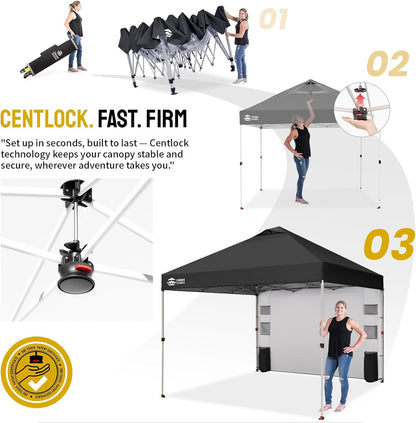 CROWN SHADES Canopy Tent, 10 x 10 Foot Portable Pop Up Outdoor Shelter with Pocket Sidewall, Push Center Lock, UV Protection, and Carry Bag, Black