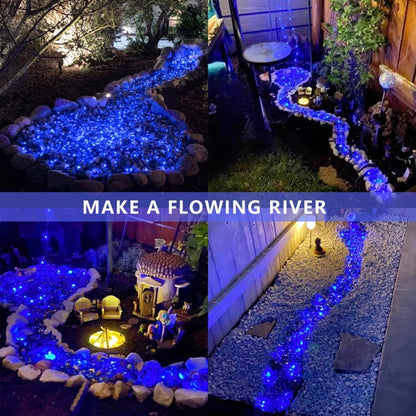 QITONG Blue Solar Fairy Lights Outdoor Waterproof, 2 Pack Each 66ft 200 LED Solar String Lights, 8 Modes Silver Wire Christmas Twinkle Mini Lights