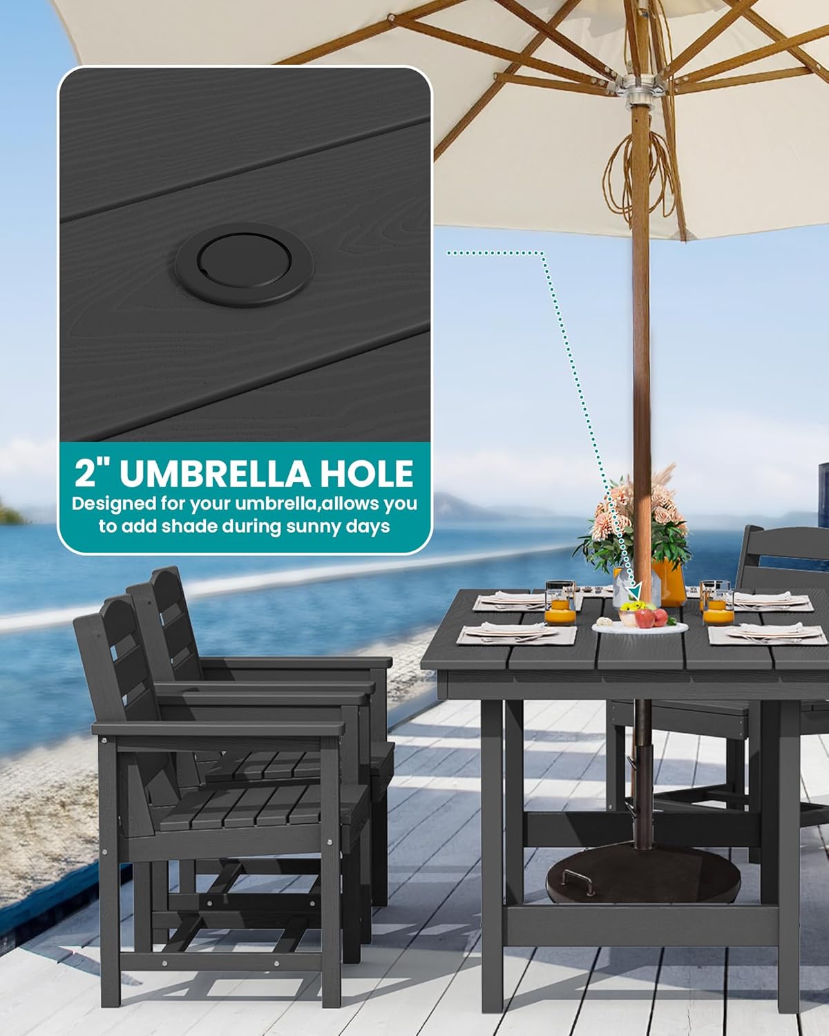 SERWALL 6-Person Outdoor Dining Table - 67" Rectangle HDPE Patio Table with Center Umbrella Hole, Weatherproof, Black