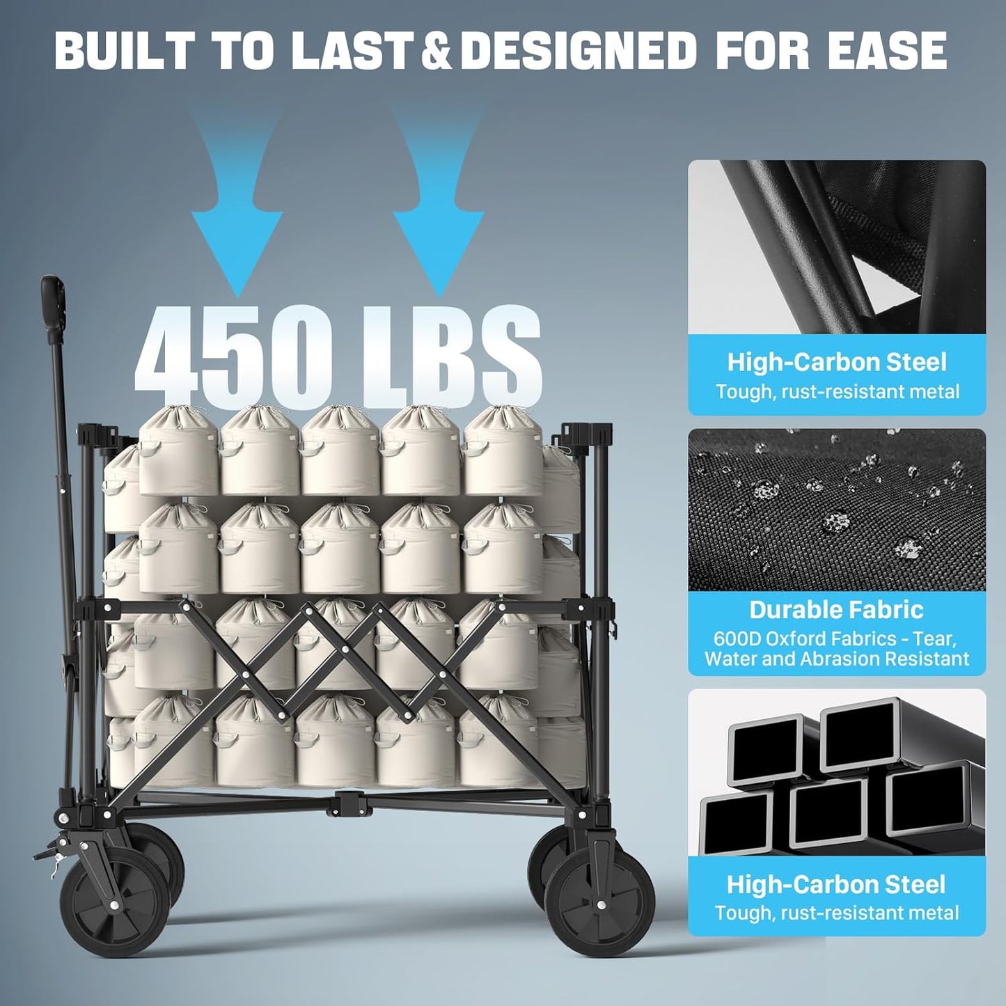 Folding Wagon Cart Foldable with Wheels, Adjustable Double Decker 150L-300L Capacity, All-Terrain Wheels & Brake, 450LBS Heavy Duty Collapsible Wagon for Beach, Camping, Outdoor