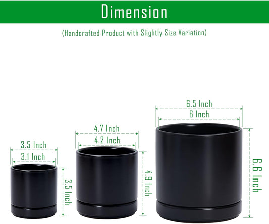 D'vine Dev 3 Inch & 4 Inch & 6 Inch, Set of 3 Round Ceramic Planter Pot with Drainage Hole and Saucer, Black, 94-T-S-2