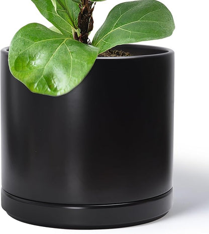 D'vine Dev 14 Inch Ceramic Planter Pot with Drainage Hole and Saucer, Indoor Cylinder Round Planter Pot, Black, 94-O-G-2