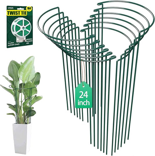 12 Pack 24 inch Plant Support Stakes, Half-Round Metal Garden Flower Stakes, Large Peony Support Ring and Cage for Indoor and Outdoor Plants, Hydrangea, Tomato, Rose, Monstera with Plant Ties
