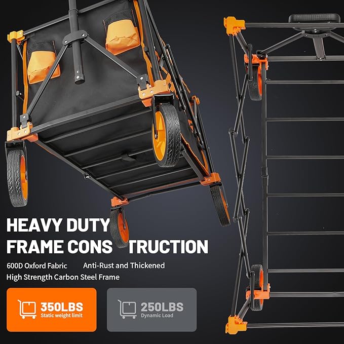 EchoSmile Collapsible Foldable Wagon Cart with 350lbs Weight Capacity, Heavy Duty Folding Utility Sport Wagon with Removeble Wheels for Camping,Grocery,Garden,Beach,Orange&Black