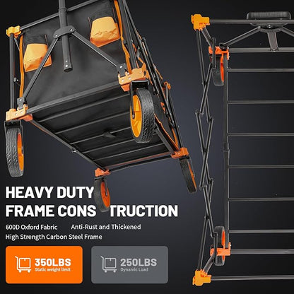 EchoSmile Collapsible Foldable Wagon Cart with 350lbs Weight Capacity, Heavy Duty Folding Utility Sport Wagon with Removeble Wheels for Camping,Grocery,Garden,Beach,Orange&Black