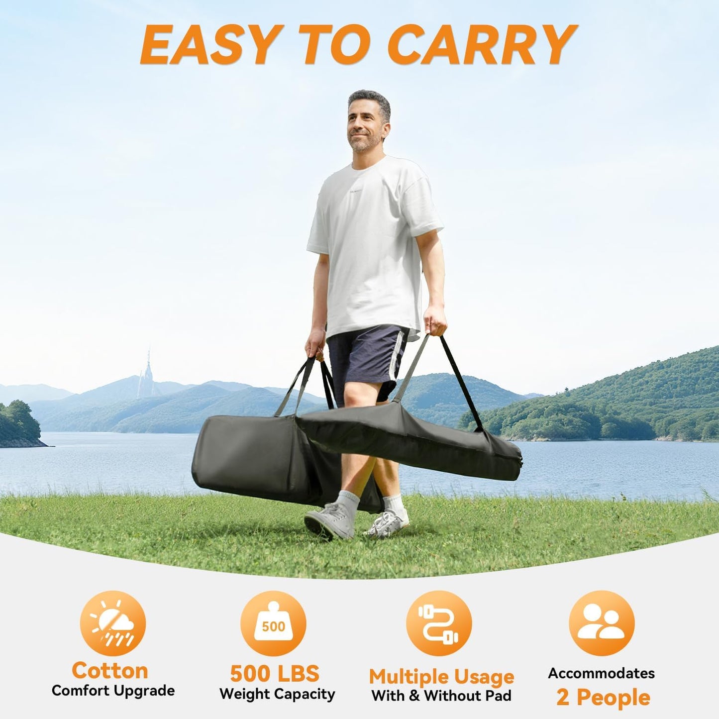 2 Person Outdoor Hammock with Stand, Cotton Rope Hammock with Polyester Pad, Adjustable Steel Frame, Portable with Carrying Bag – for Patio, Backyard, Garden, Beach, Blue Stripe