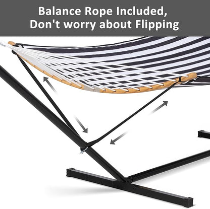 SUNCREAT Hammocks Extra Large Hammock with Stand Included, Double Hammock with Curved Spreader Bar, Black Stripes
