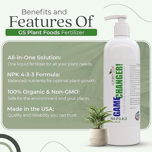 GS Plant Foods Game Changer All-Purpose Essentials - 100% Plant-Based Organic Fertilizer for Indoor or Outdoor Container Grown Plants, NPK 4-3-3, Liquid Formula for Houseplants, 20 Ounces