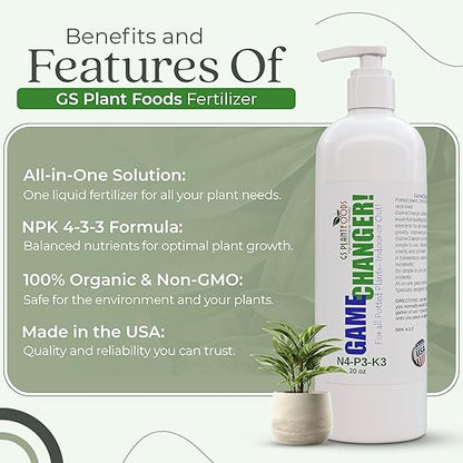 GS Plant Foods Game Changer All-Purpose Essentials - 100% Plant-Based Organic Fertilizer for Indoor or Outdoor Container Grown Plants, NPK 4-3-3, Liquid Formula for Houseplants, 20 Ounces
