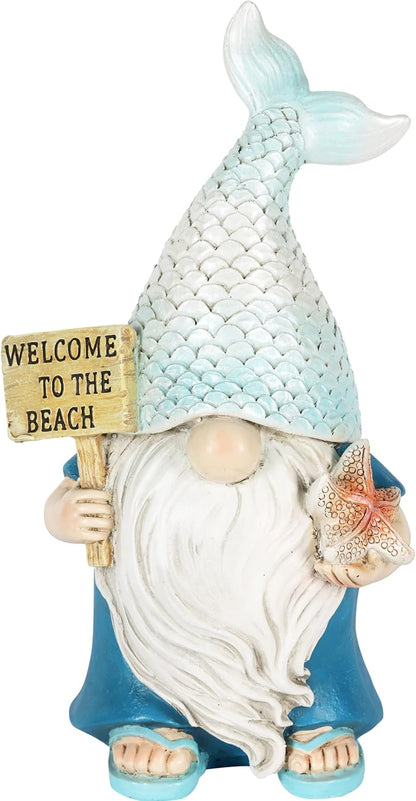 Exhart Mermaid Tail Hat Garden Gnome Statue with Welcome to The Beach Sign, 5 x 4 x 8.5 Inches