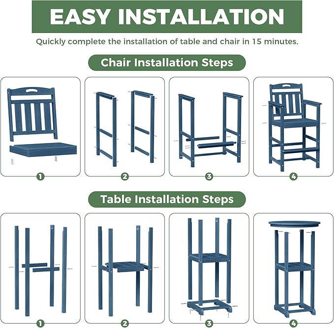 HDPE Outdoor Patio Bar Set with Bar Height Table and 2 Adirondack Chairs, All-Weather High Top Outside Round Pub Furniture for Bistro, Garden, Backyard, Deck | 3-Pieces, Navy Blue