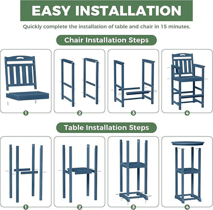HDPE Outdoor Patio Bar Set with Bar Height Table and 2 Adirondack Chairs, All-Weather High Top Outside Round Pub Furniture for Bistro, Garden, Backyard, Deck | 3-Pieces, Navy Blue
