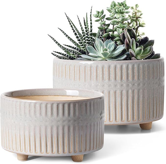LE TAUCI Succulent Pots, 6.5+8 Inch Ceramic Indoor Plant Pot with Drainage Hole, Shallow Round Succulent Planters, Set of 2, Reactive Glaze Star White