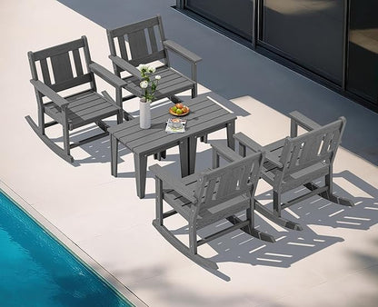 SERWALL Outdoor Rocking Bistro Set, HDPE Patio Furniture Set, Porch Rocking Chair Set with Table for Backyard, Balcony, and Garden- Grey