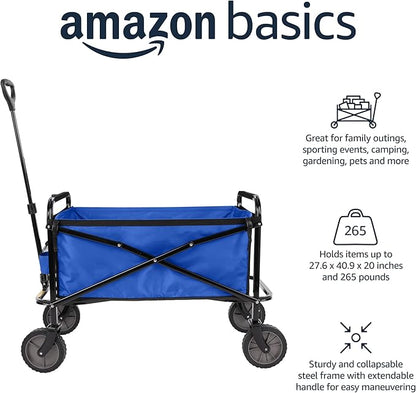 Amazon Basics Collapsible Folding Heavy Duty Utility Wagon for Outdoor Sports, 265 pounds Weight Capacity, Camping, Garden, and Shopping, 27.6 x 40.9 x 20 inches, Blue