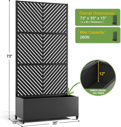 FENCY Metal Raised Garden Bed with Wheels and Trellis,73"x35"x16" Planter Box for Climbing Plants, Vegetables & Vines, Features Privacy Screen and Drainage Holes (Black-Arrow)