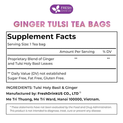 FreshDrinkUS, Premium 35 Ginger Tulsi Tea Bags, 100% Natural, Hand-made Blend of Ginger and Tulsi Holy Basil Leaves, Eco-conscious Tea Bags. Ginger Tulsi Herbal Tea. No Sugar, No Caffeine, Vegan.