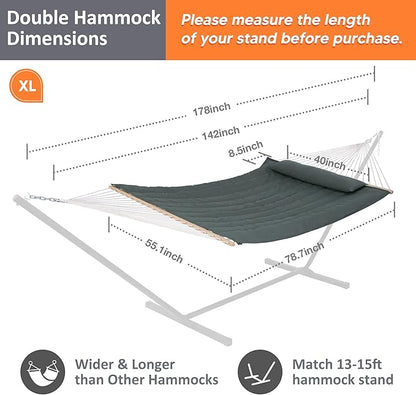 SUNCREAT Portable Double Rope Hammock with Pad, Two Person Tree Hammock for Garden, Backyard, Patio, Poolside, Gray Green