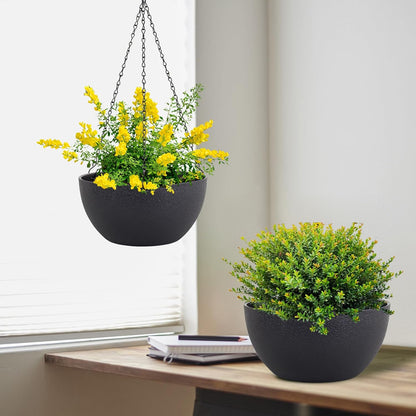 10 inch Hanging Planters for Indoor Outdoor Plants, 2 Pack Hanging Flower Pots with Drainage Holes and Chain for Garden Porch Plants, Round Plastic Hanging Baskets for House Plants, Black